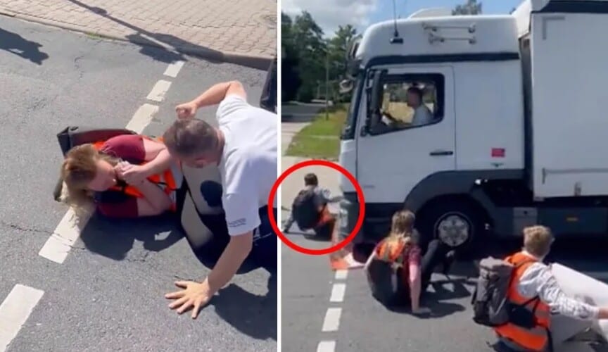 Viralno! Klimatski histeričari ponovo blokirali put u Nemačkoj, vozač kamiona p*pizdeo i krenuo da ih gazi (VIDEO)